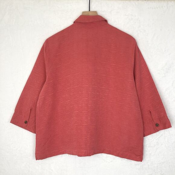 VTG NORDSTROM Linen Silk Top Sz L Coral 3/4 Sleeve Button Up Textured Notch‎ - Picture 2 of 11